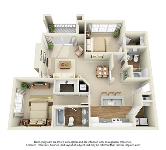 Norwood 3D. 2 bedroom apartment with fireplace. Kitchen with island open to living/dinning rooms. 2 full bathrooms, double vanity in master. Walk-in closets. Patio/balcony.