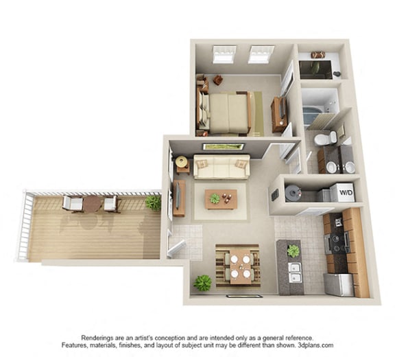 Abbey 3D. 1 bedroom apartment. Kitchen with bartop open to living/dinning rooms. 1 full bathroom. Walk-in closet. Patio/balcony.