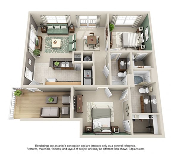 Foster 3D. 2 bedroom apartment. Kitchen with bartop open to living/dinning rooms. 2 full bathrooms, shower stall in guest. Walk-in closets. Patio/balcony.