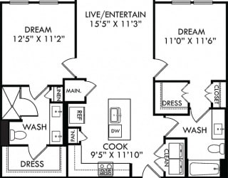 The Legacy. 2 bedroom apartment. Kitchen with island open to living room. 2 full bathroom, double vanity & shower stall in master. Walk-in closets.
