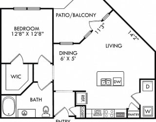 The Patterson. 1 bedroom apartment. Kitchen with island open to living/dinning rooms. 1 full bathroom. Walk-in closet. Patio/balcony.