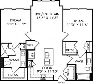 The Legacy. 2 bedroom apartment. Kitchen with island open to living room. 2 full bathroom, double vanity &amp; shower stall in master. Walk-in closets.