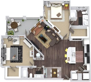 The Dessau 3D. 2 bedroom apartment. Kitchen with island open to living/dinning rooms. 2 full bathrooms, double vanity in master. Walk-in closets. Patio/balcony.