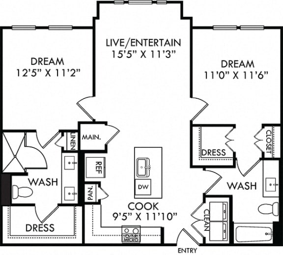 The Legacy. 2 bedroom apartment. Kitchen with island open to living room. 2 full bathroom, double vanity & shower stall in master. Walk-in closets.