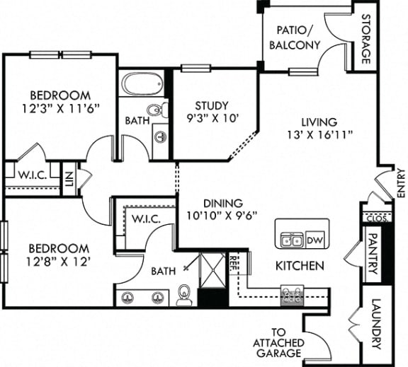 Durango with Attached Garage. 2 bedroom apartment + study room. Kitchen with island open to living/dinning rooms. 2 full bathrooms, double vanity in master. Walk-in closet. Patio/balcony.