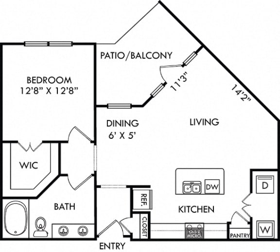 The Griffith. 1 bedroom apartment. Kitchen with island open to living/dinning rooms. 1 full bathroom, double vanity. Walk-in closet. Patio/balcony.