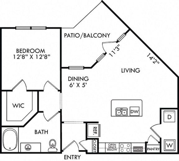 The Patterson. 1 bedroom apartment. Kitchen with island open to living/dinning rooms. 1 full bathroom. Walk-in closet. Patio/balcony.