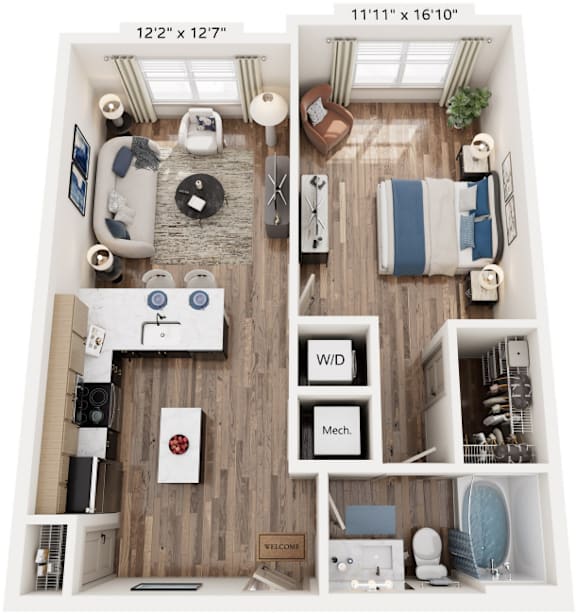 1 Bedroom 1 Bath floorplan at The River, Chester, 23836