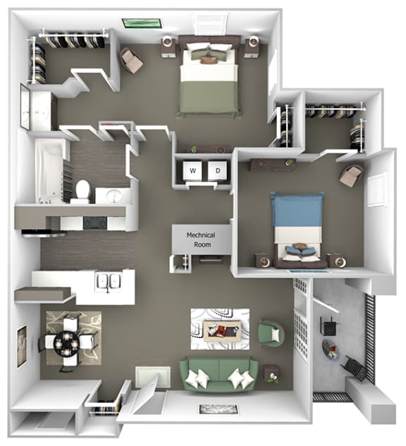 Cheswyck at Ballantyne Apartments - B1 (Bristol I & II) - 2 bedrooms and 1 bath - 3D floor plan