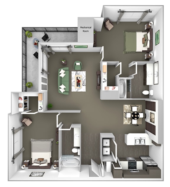 Belle Harbour Apartments - B2 - 2 bedrooms and 2 bath - 3D Floor Plan