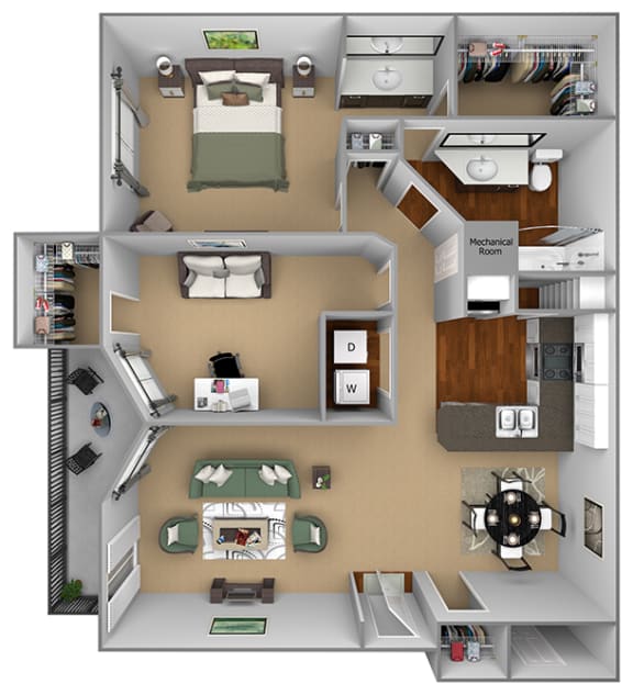 Egrets Landing Apartments - A2 (Pelican) - 1 bedroom and 1 bath - 3D floor plan