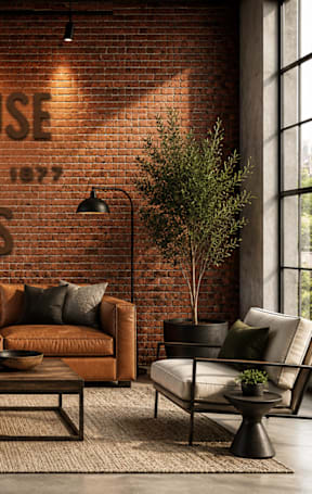 A living room with a brown leather couch and a white chair with a plant on the table.
