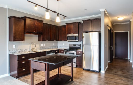 a kitchen with wooden cabinets and stainless steel appliances  at Victoria Park and V2 Apartments, St. Paul, MN, 55102