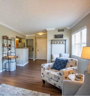 A living room with a couch, a chair, a television, and a rug.