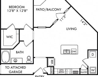The Patterson with Attached Garage. 1 bedroom apartment. Kitchen with island open to living/dinning rooms. 1 full bathroom. Walk-in closet. Patio/balcony.