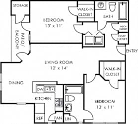 madison 2 bedroom apartment. L-shaped kitchen with bartop open to living and dining rooms. 2 full baths. walk-in closets. in-unit laundry. Patio/balcony. storage.