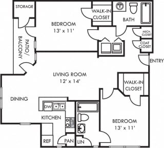 madison 2 bedroom apartment. L-shaped kitchen with bartop open to living and dining rooms. 2 full baths. walk-in closets. in-unit laundry. Patio/balcony. storage.