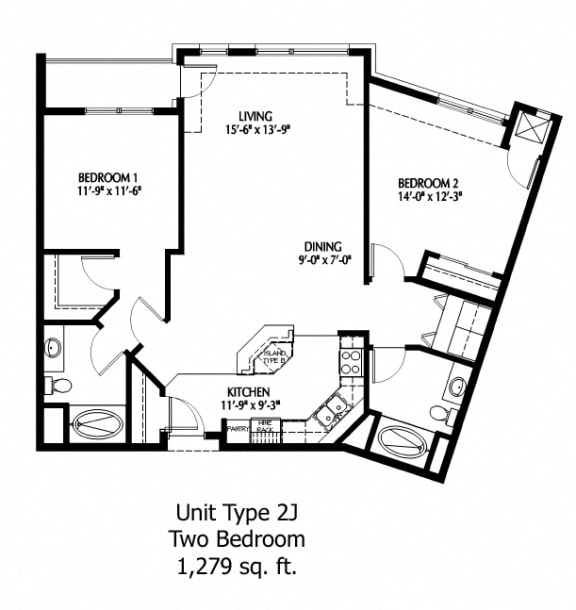 Two Bedroom floor plan at The Bluffs at Nine Mile Creek, Eden Prairie