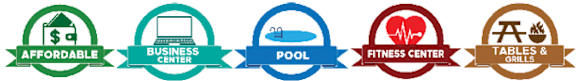A series of five circular logos with ribbons, each representing a different concept such as affordable, business center, pool, fitness center, and tables & grills.