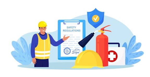 A person in a safety vest is holding a clipboard with "SAFETY REGULATIONS" written on it.