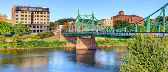 a green bridge over a river in a city