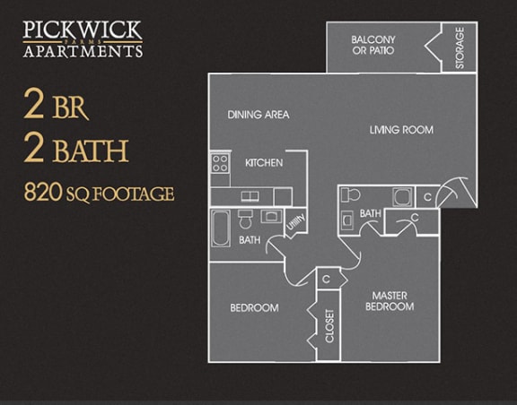 2 BR, 2 Bath Floor Plan at Pickwick Farms Apartments, Indianapolis, 46260