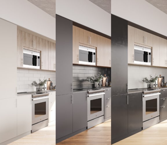 a kitchen with stainless steel appliances and wooden cabinets