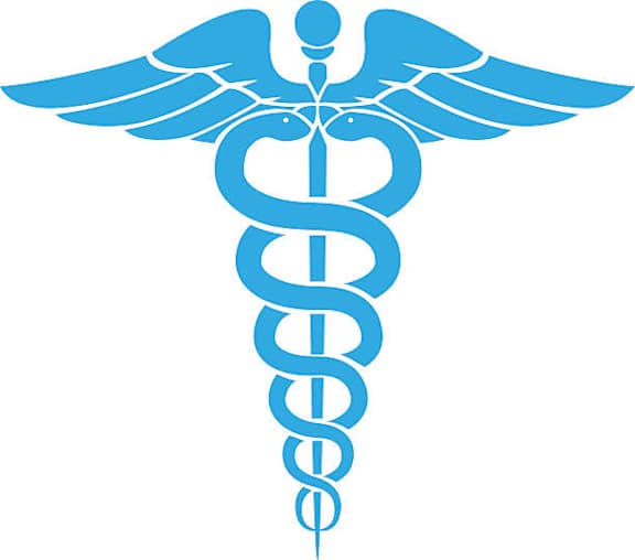 A blue medical symbol with wings on a white background.