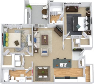 Halloway 3D. 2 bedroom apartment. Kitchen with island open to living/dinning rooms. 2 full bathrooms. Walk-in closets. Patio/balcony.