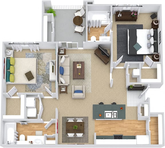 Halloway 3D. 2 bedroom apartment. Kitchen with island open to living/dinning rooms. 2 full bathrooms. Walk-in closets. Patio/balcony.