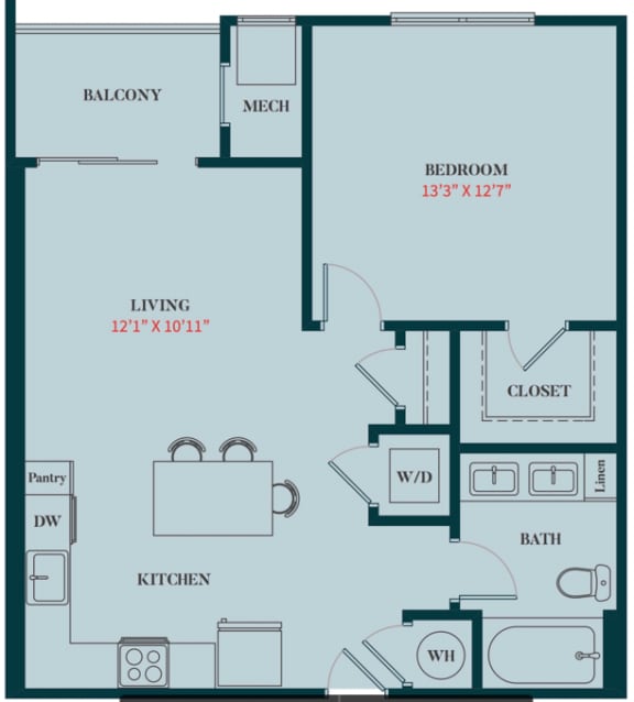 A1 - 1 Bedrooms 1 Bath Apartment Floor Plan Design - 709 sq. ft. - Apartments in Des Plaines