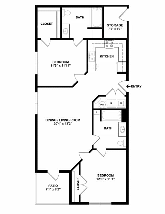 A floor plan of a house with a bath, two bedrooms, a kitchen, a dining room, a living room, a storage area, and a patio.