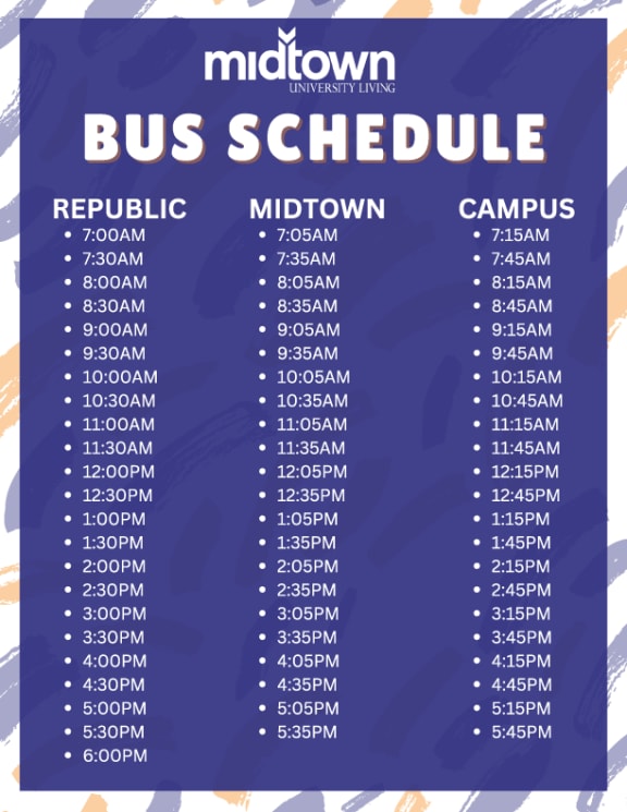a graphic of the 2020 midtown bus schedule with the number of campuses at Midtown Sam Houston Apartments, Huntsville, TX, 77340