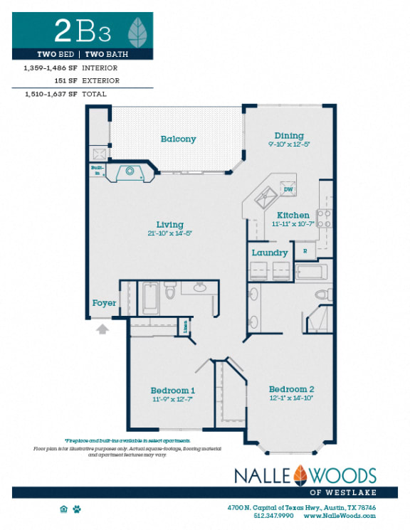 2 bed 2 bath floorplans_2B3 at Nalle Woods of Westlake, Austin, Texas