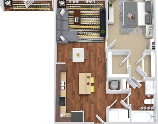 Strait 3D. 1 bedroom apartment. Kitchen with island open to living/dinning rooms. 1 full bathroom. Walk-in closet.