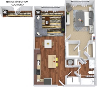 Strait 3D. 1 bedroom apartment. Kitchen with island open to living/dinning rooms. 1 full bathroom. Walk-in closet.