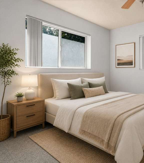 A bedroom with a large bed, a ceiling fan, and a nightstand with a plant on it.