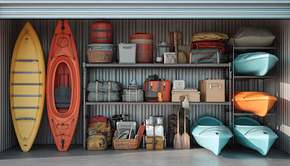 A storage room with a variety of items including kayaks and baskets.