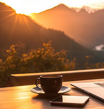 A laptop is open and displaying a mountain landscape on its screen, placed on a table with a cup and a smartphone beside it.