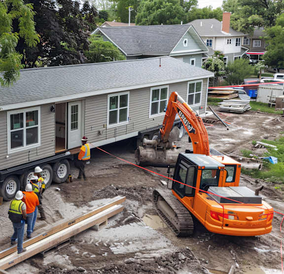 A house being built with a crane and workers.