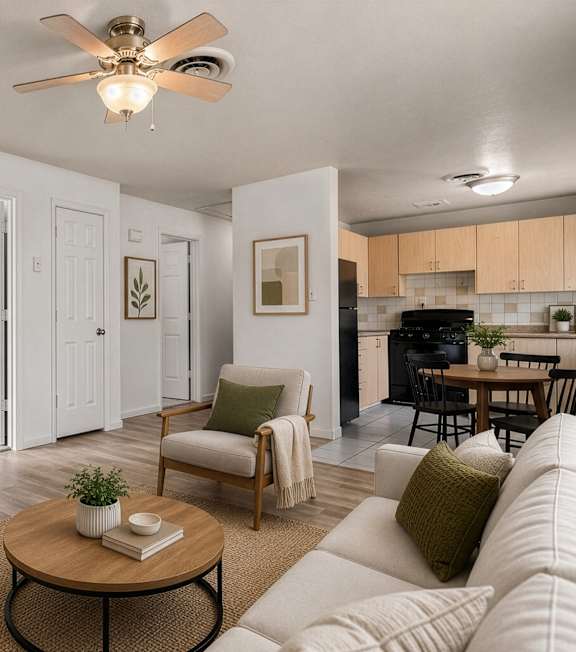 A living room with a white couch, a coffee table, and a flat screen TV.