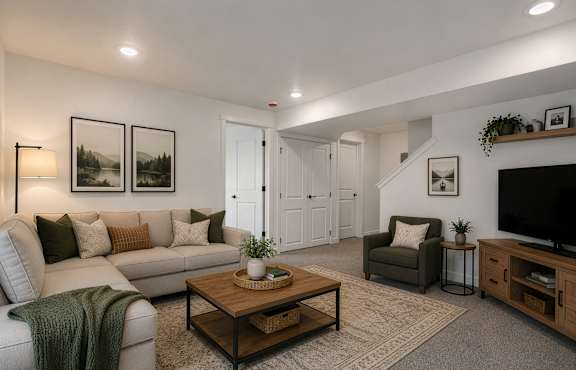 A living room with a couch, a chair, a coffee table, and a television.