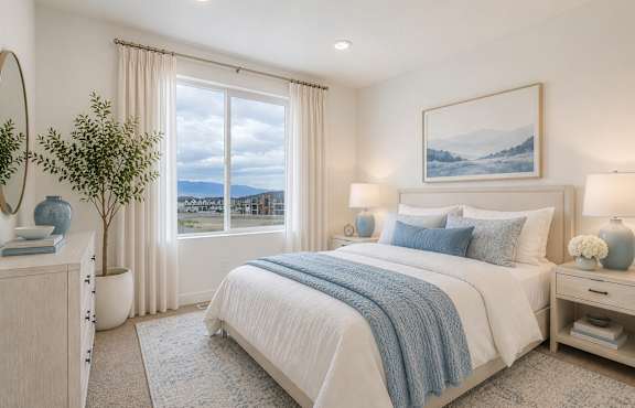 A bedroom with a large bed, a dresser, and a painting on the wall.