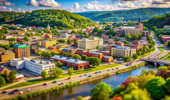 A cityscape with a river running through it.