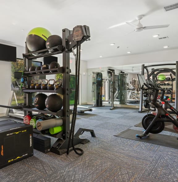 a gym with weights and cardio equipment and a large window at Radius on Grove, Austin, TX, 78741