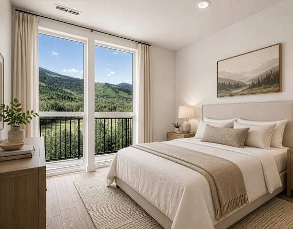 A bedroom with a large bed, a balcony with a view of the mountains, and a painting on the wall.
