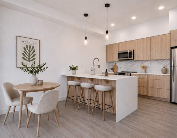 A modern kitchen with a dining table and chairs.