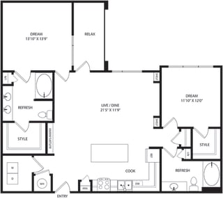 2 bedroom, 2 bath floorplan.  L-shaped kitchen with island and pantry and butlers pan. Open to Living/dining area with Built-in shelves. Double sink vanity in primary bath. large balcony. Washer/dryer