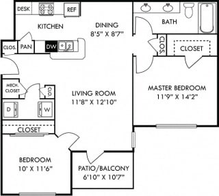 The Heritage 2 bedroom apartment. Kitchen with bartop open to living &amp; dining rooms. 1 full bathroom, double vanity. Walk-in closet. Patio/balcony with storage.