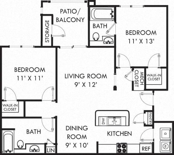 Beechwood. 2 bedroom apartment. Kitchen with island open to living/dinning rooms. 2 full bathrooms. Walk-in closets. Patio/balcony.